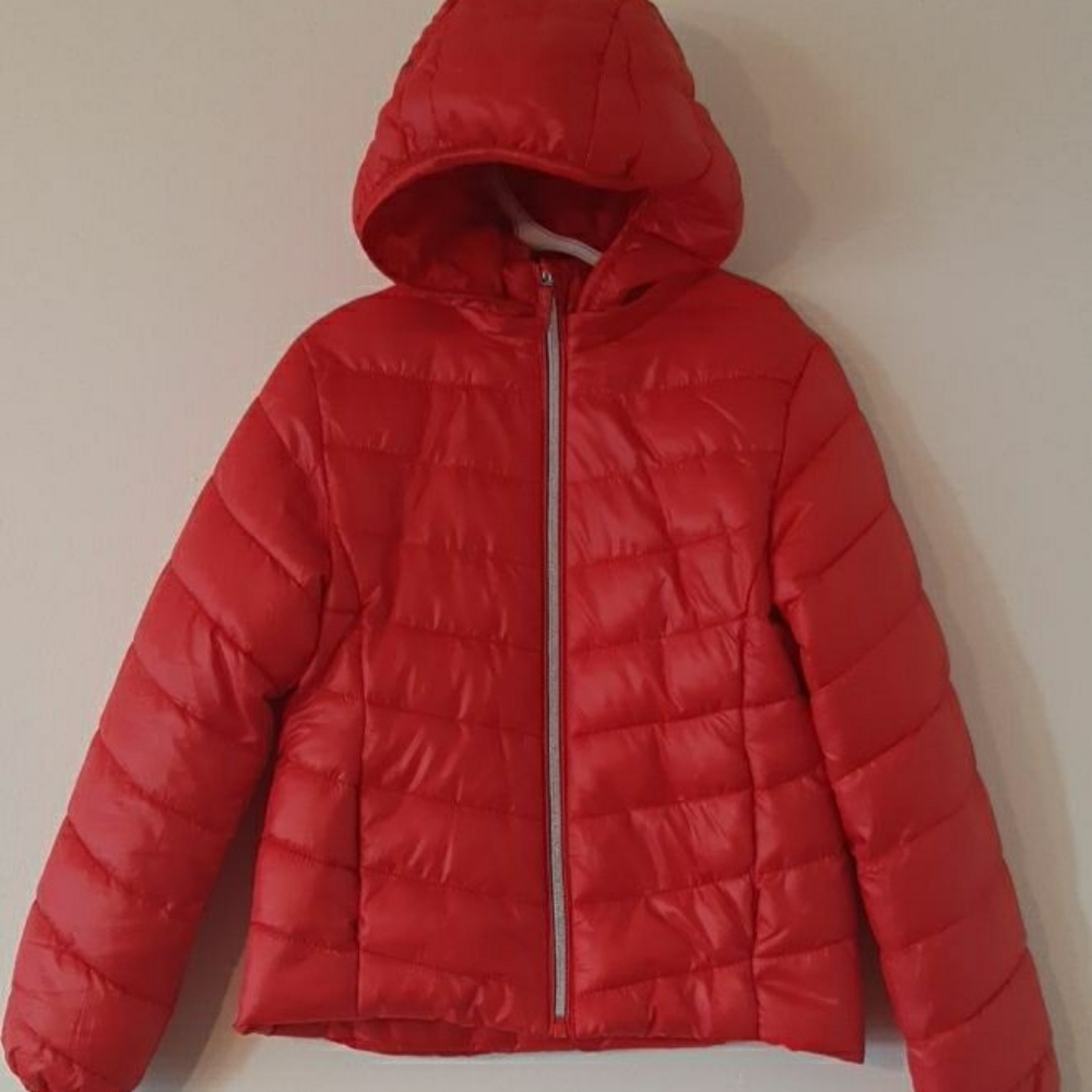 Red puffer jacket